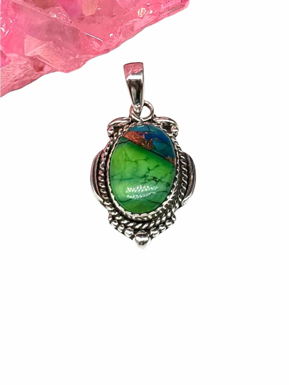 Kingman Peacock Green Dahlia Turquoise Necklace Pendant 925 Sterling Silver